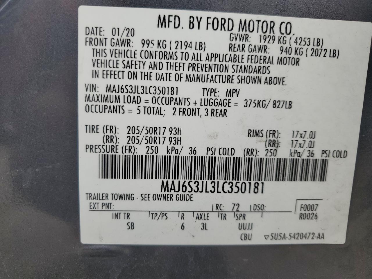 2020 Ford Ecosport Ses VIN: MAJ6S3JL3LC350181 Lot: 86875485