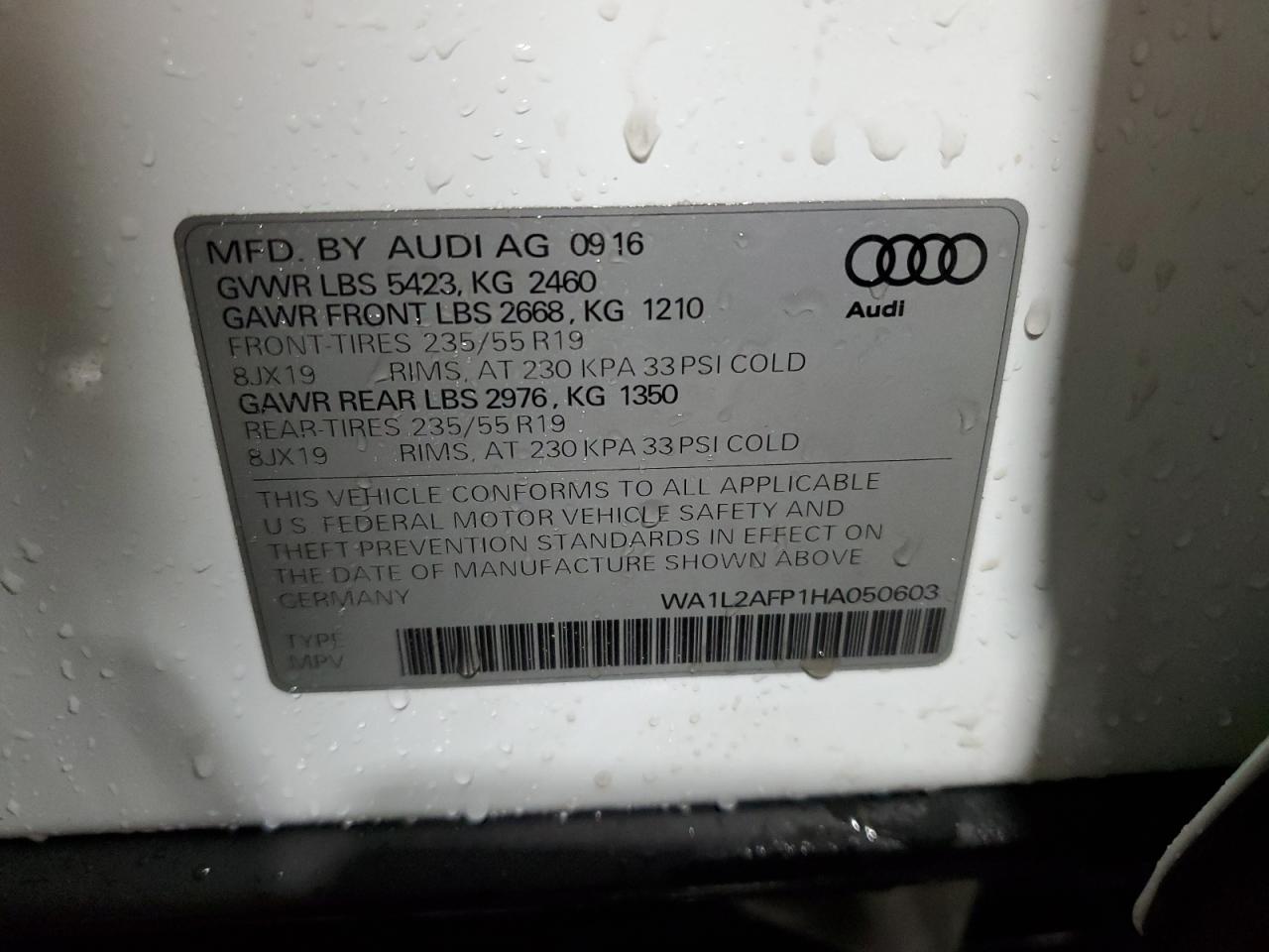 2017 Audi Q5 Premium Plus VIN: WA1L2AFP1HA050603 Lot: 90847915