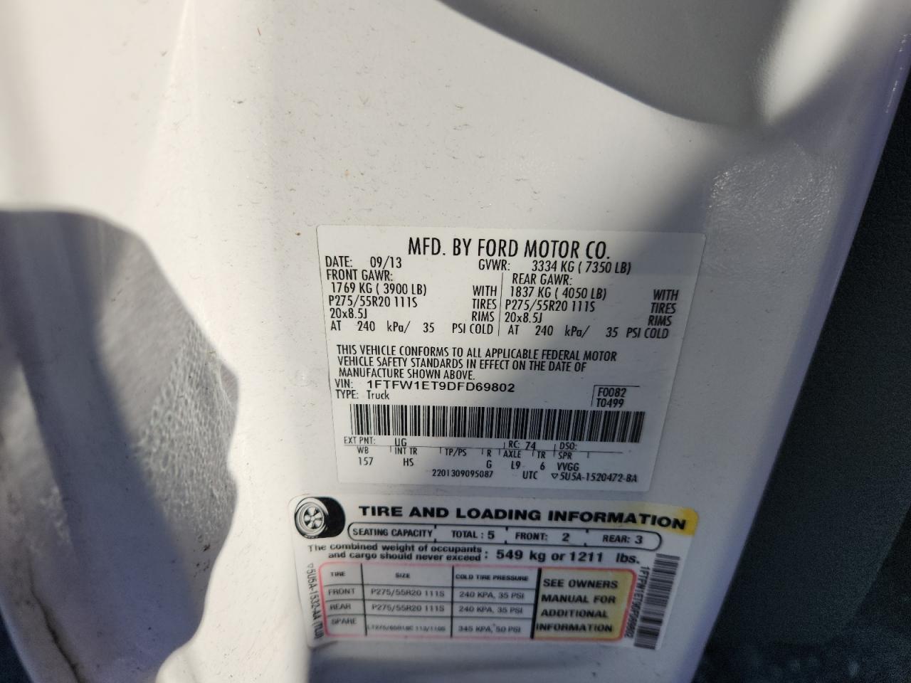 2013 Ford F150 Supercrew VIN: 1FTFW1ET9DFD69802 Lot: 85366535