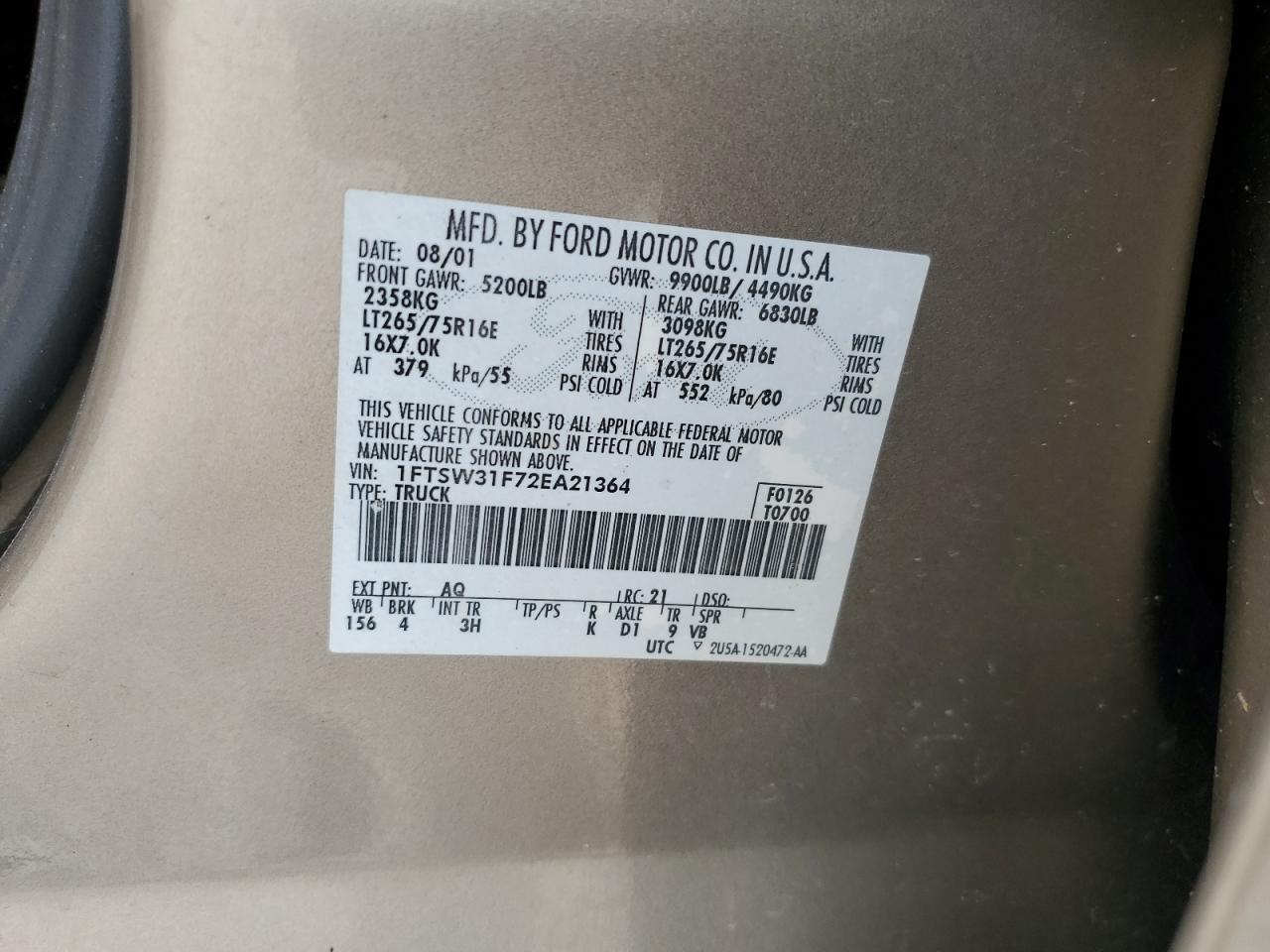 2002 Ford F350 Srw Super Duty VIN: 1FTSW31F72EA21364 Lot: 81263765