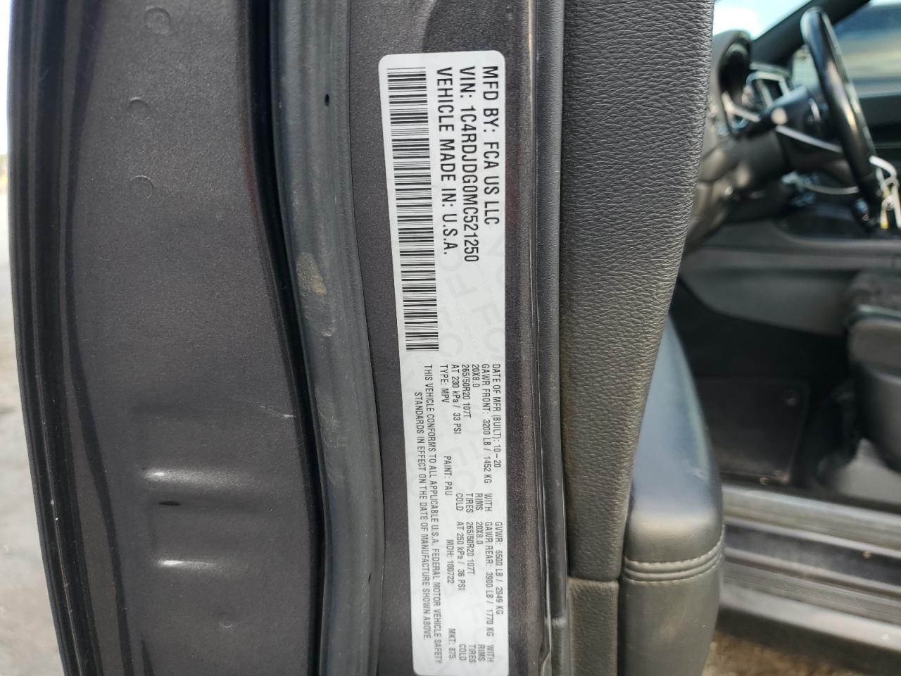 2021 Dodge Durango Gt VIN: 1C4RDJDG0MC521250 Lot: 84914865