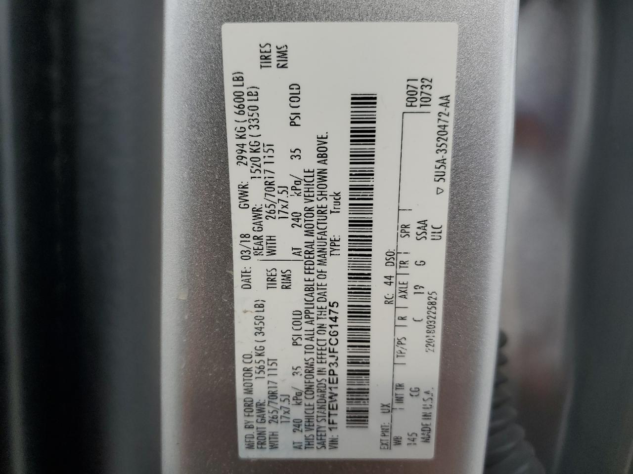 2018 Ford F150 Supercrew VIN: 1FTEW1EP3JFC61475 Lot: 86082615