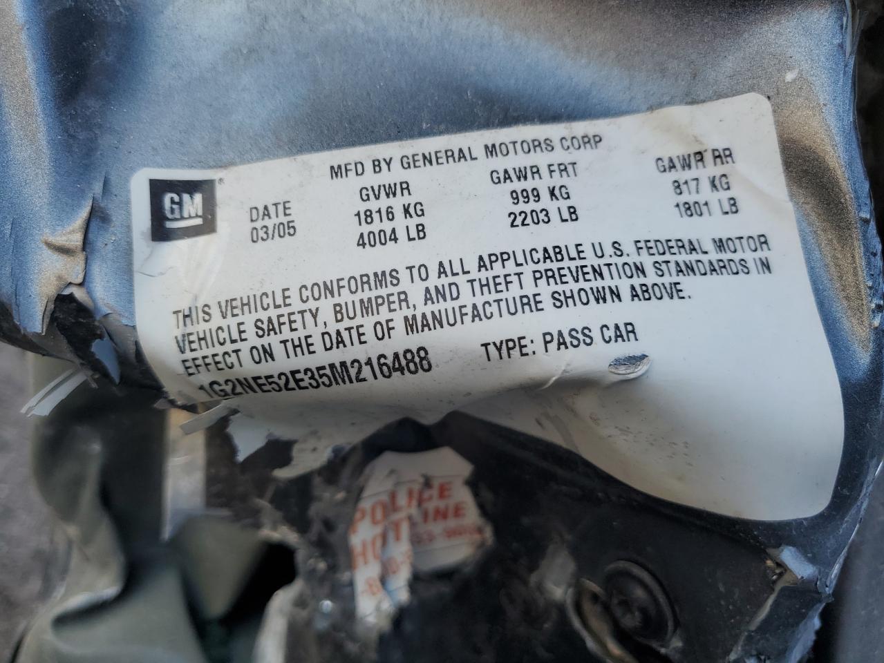 2005 Pontiac Grand Am Se VIN: 1G2NE52E35M216488 Lot: 85333255