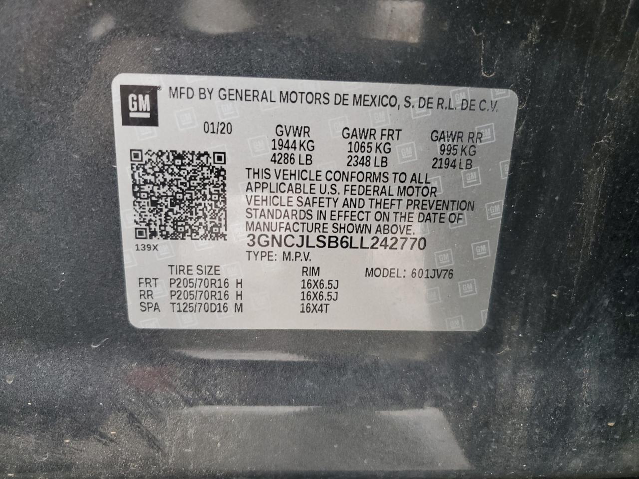 2020 Chevrolet Trax 1Lt VIN: 3GNCJLSB6LL242770 Lot: 86623065