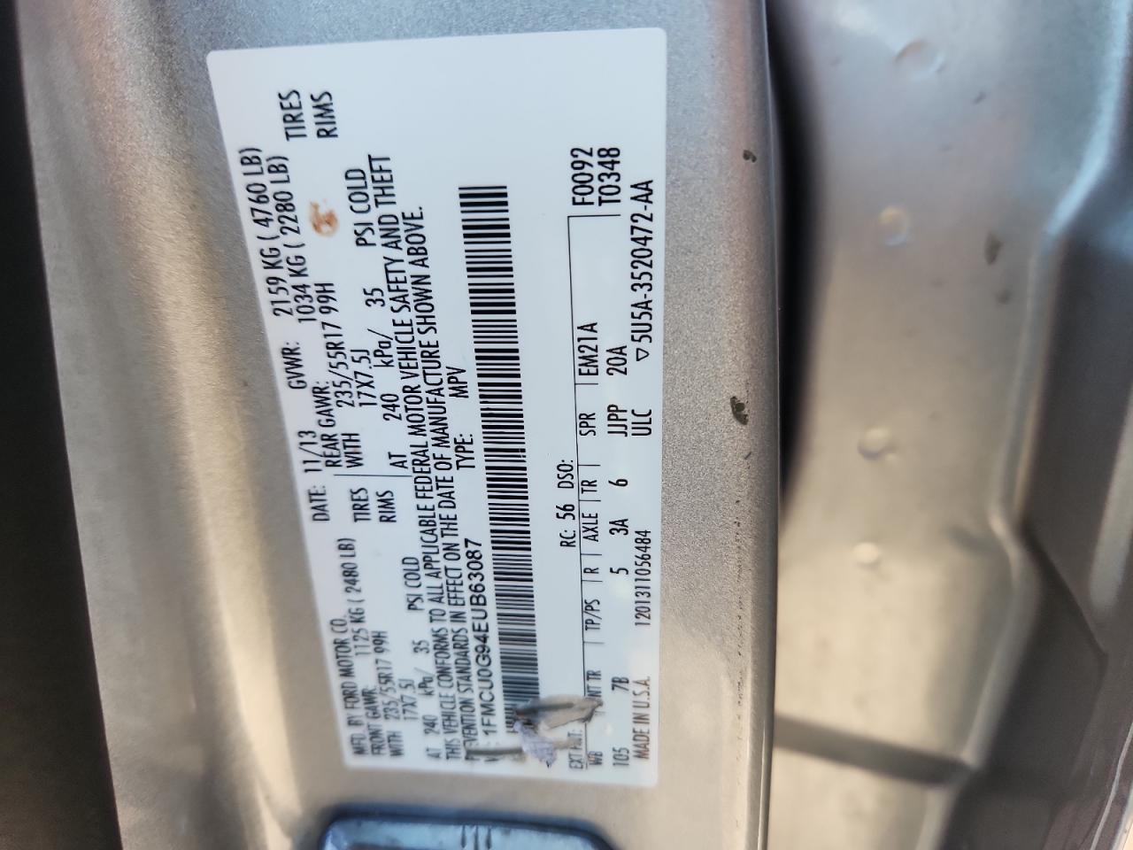 2014 Ford Escape Se VIN: 1FMCU0G94EUB63087 Lot: 86527565