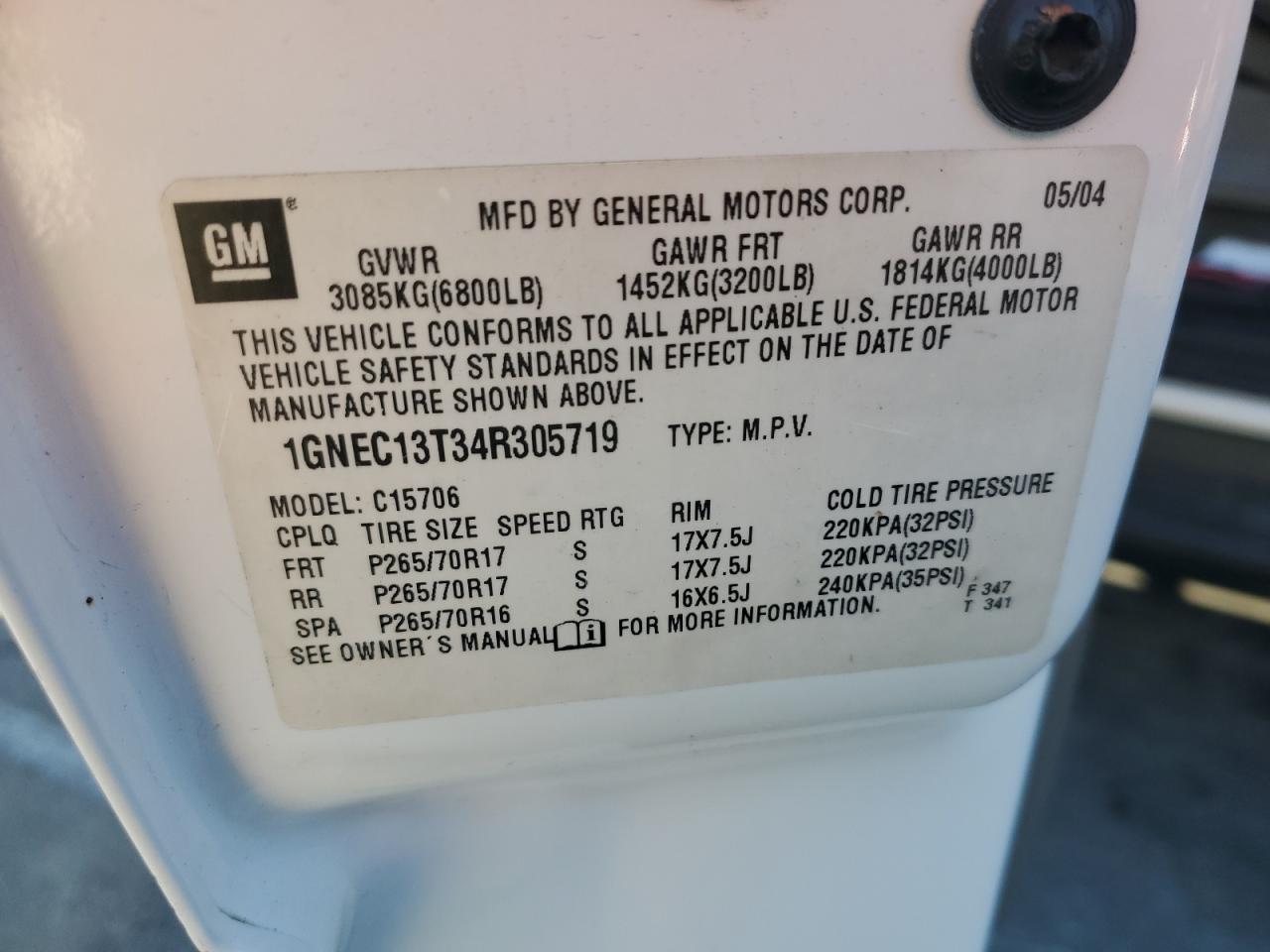 2004 Chevrolet Tahoe C1500 VIN: 1GNEC13T34R305719 Lot: 87305535