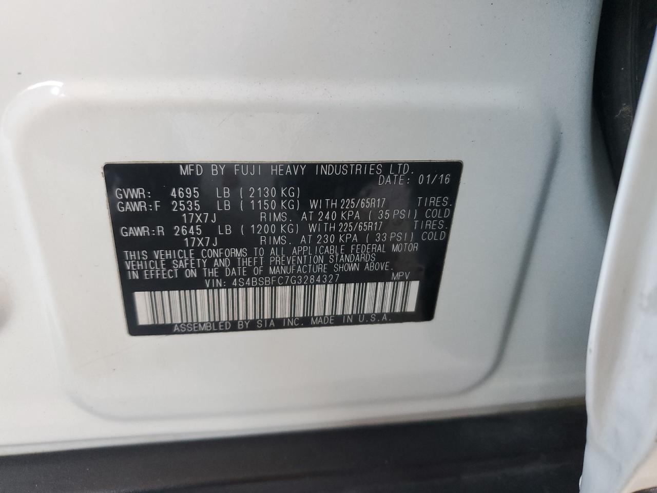 2016 Subaru Outback 2.5I Premium VIN: 4S4BSBFC7G3284327 Lot: 82586075