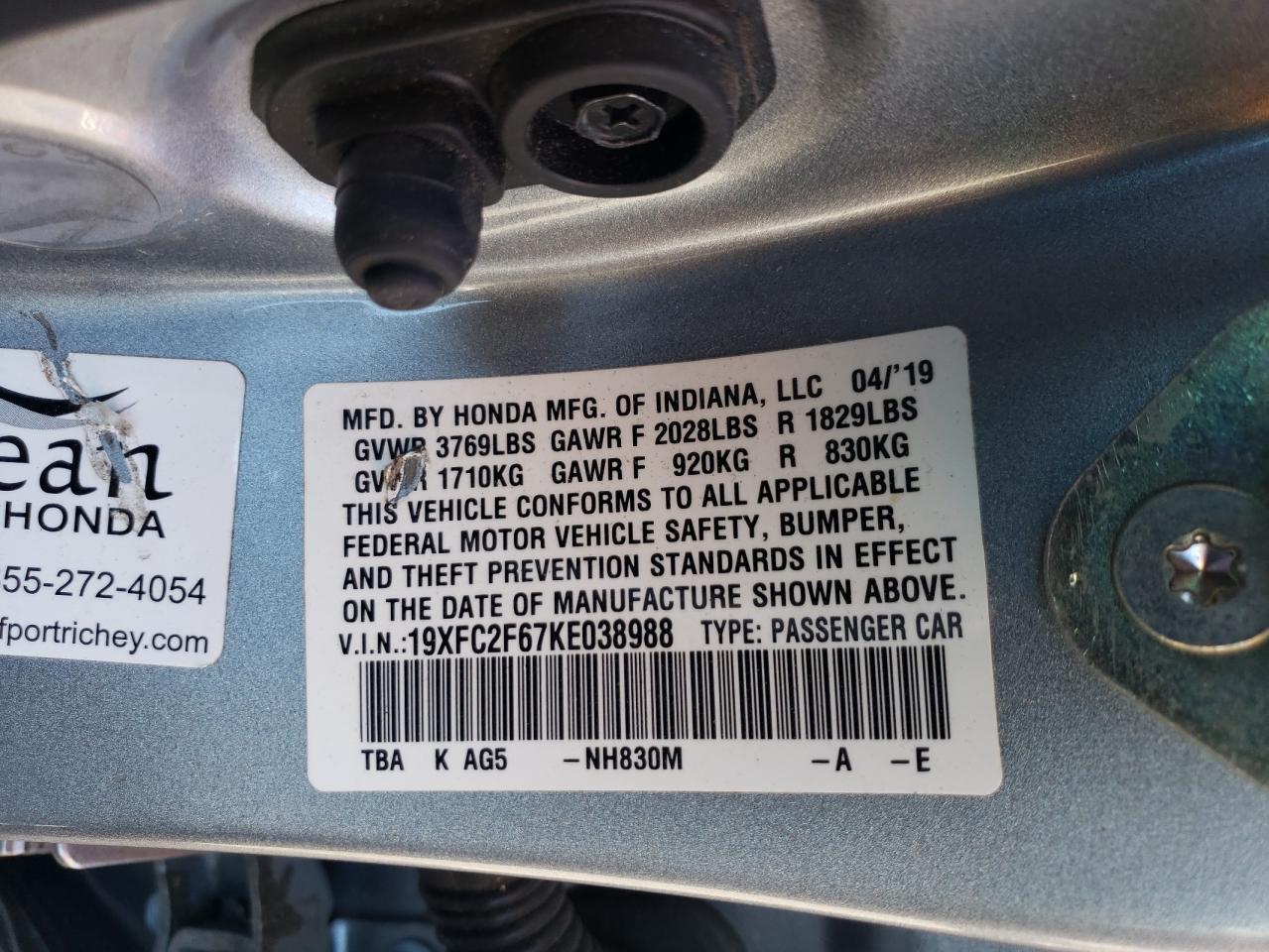 2019 Honda Civic Lx VIN: 19XFC2F67KE038988 Lot: 85910545