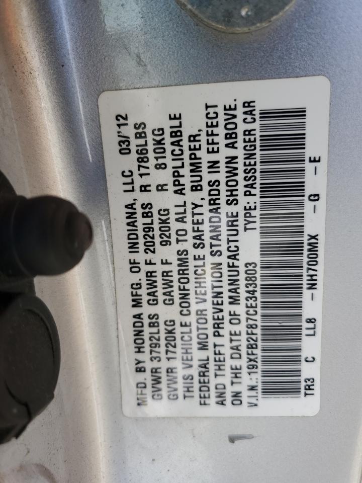 2012 Honda Civic Ex VIN: 19XFB2F87CE343803 Lot: 82195275