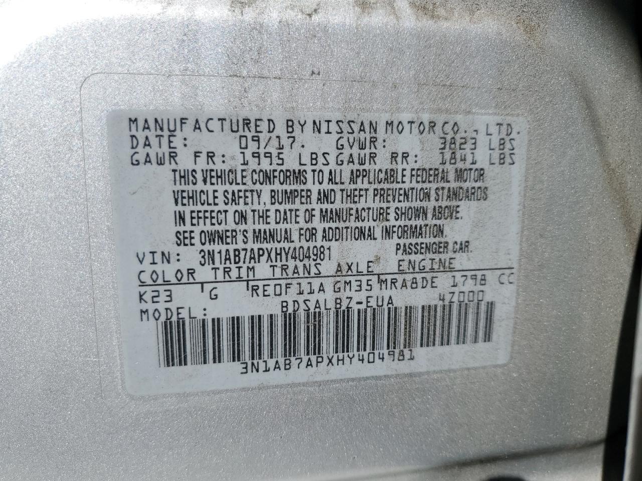 2017 Nissan Sentra S VIN: 3N1AB7APXHY404981 Lot: 84980535