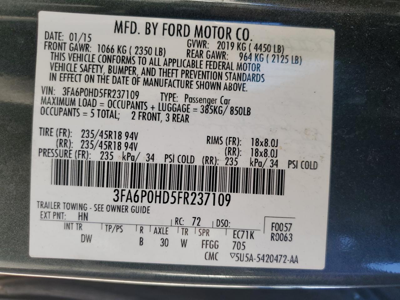 2015 Ford Fusion Se VIN: 3FA6P0HD5FR237109 Lot: 87405925