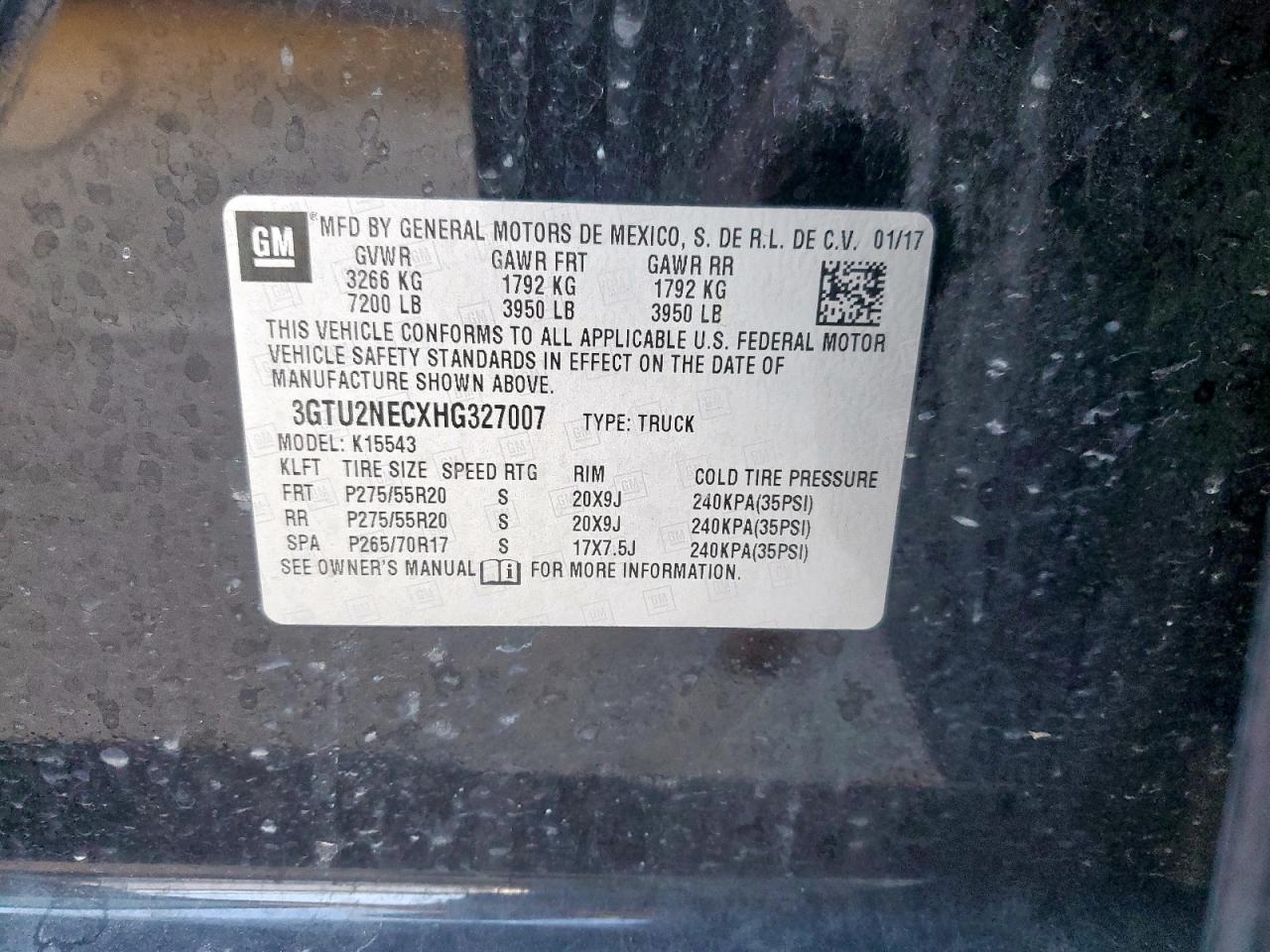 2017 GMC Sierra K1500 Slt VIN: 3GTU2NECXHG327007 Lot: 85652515