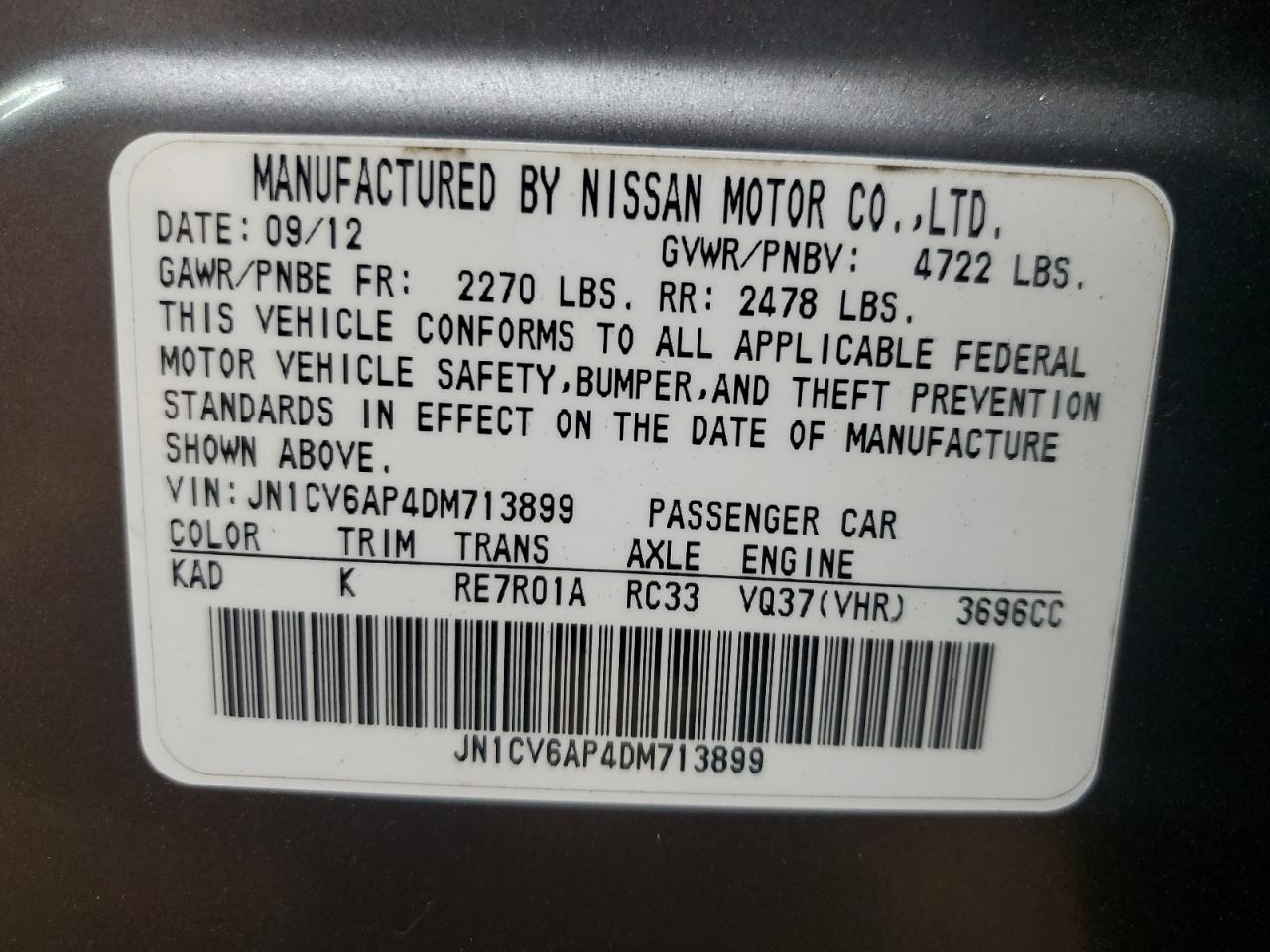 2013 Infiniti G37 Base VIN: JN1CV6AP4DM713899 Lot: 81970915