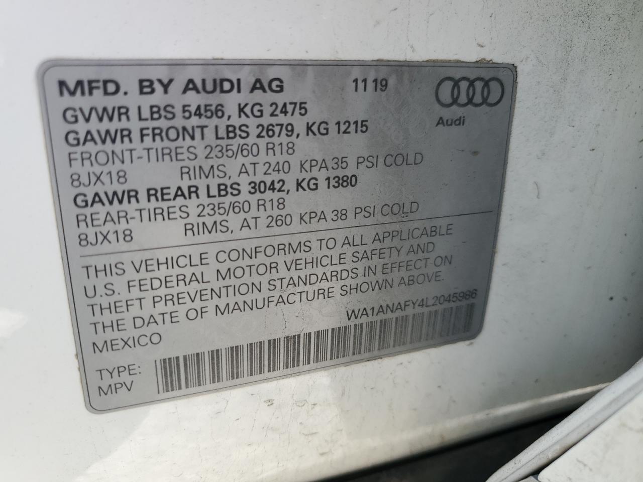 2020 Audi Q5 Premium VIN: WA1ANAFY4L2045986 Lot: 82785085