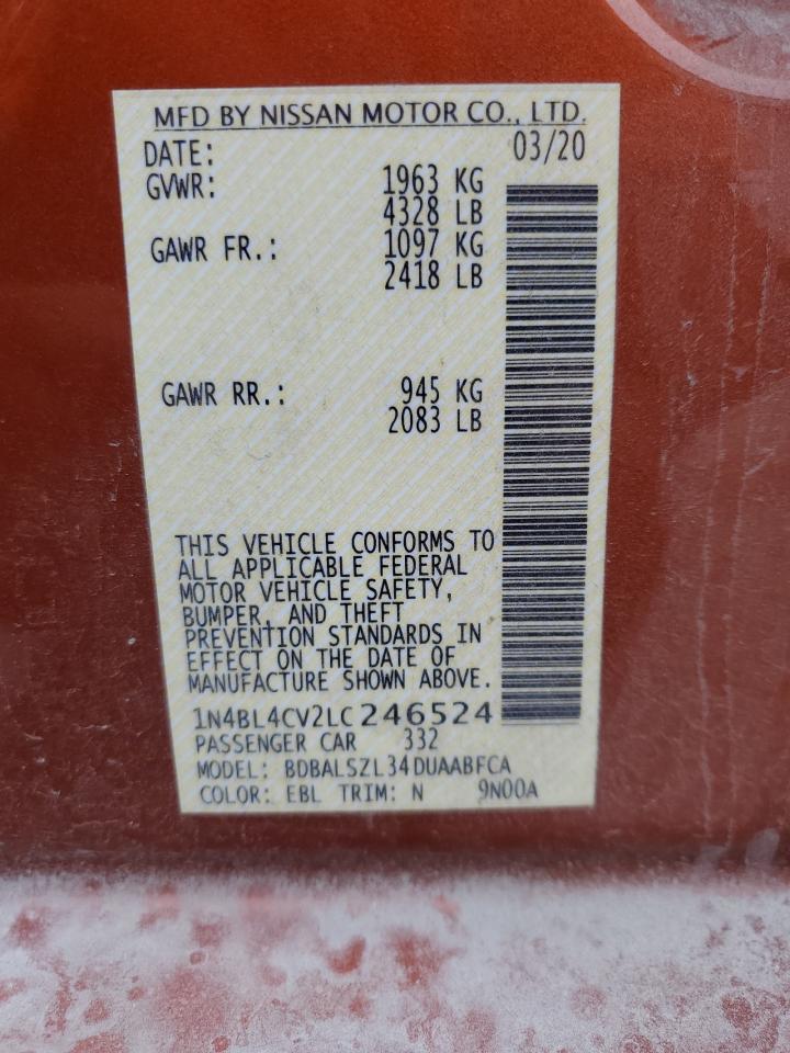 2020 Nissan Altima Sr VIN: 1N4BL4CV2LC246524 Lot: 90123935