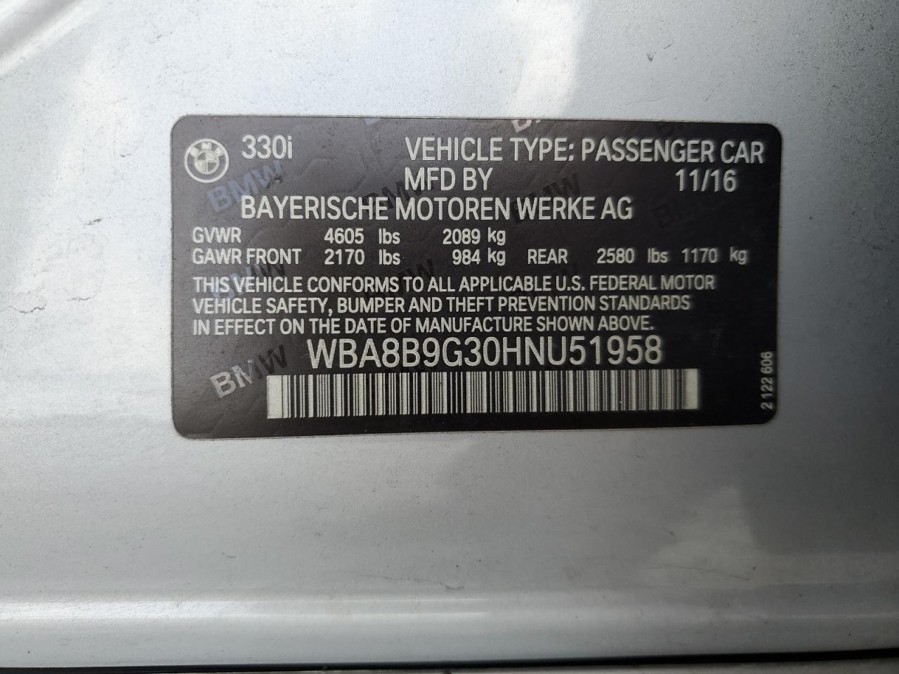 2017 BMW 330 I VIN: WBA8B9G30HNU51958 Lot: 86264325