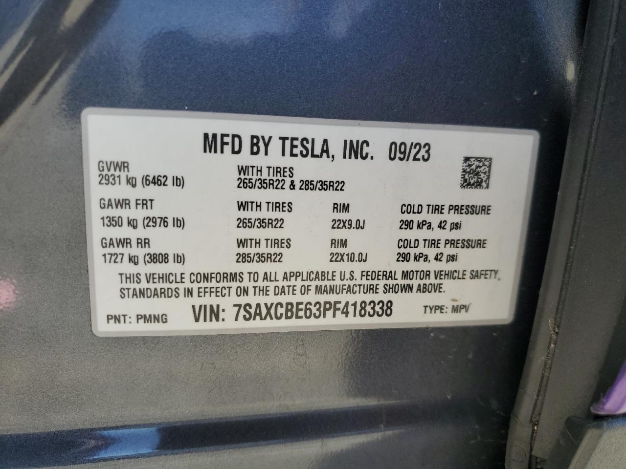 2023 Tesla Model X VIN: 7SAXCBE63PF418338 Lot: 85400725