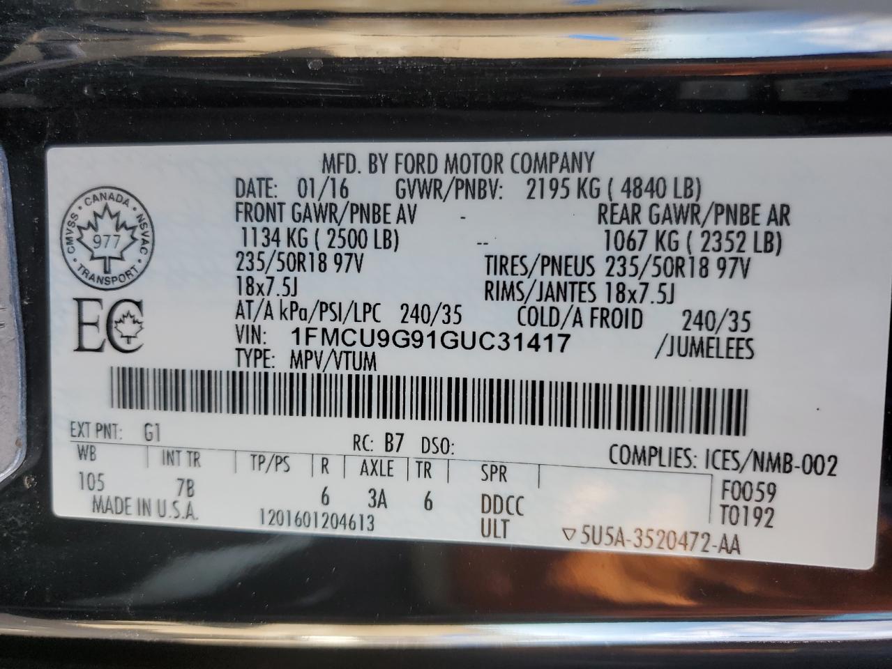 2016 Ford Escape Se VIN: 1FMCU9G91GUC31417 Lot: 85555605