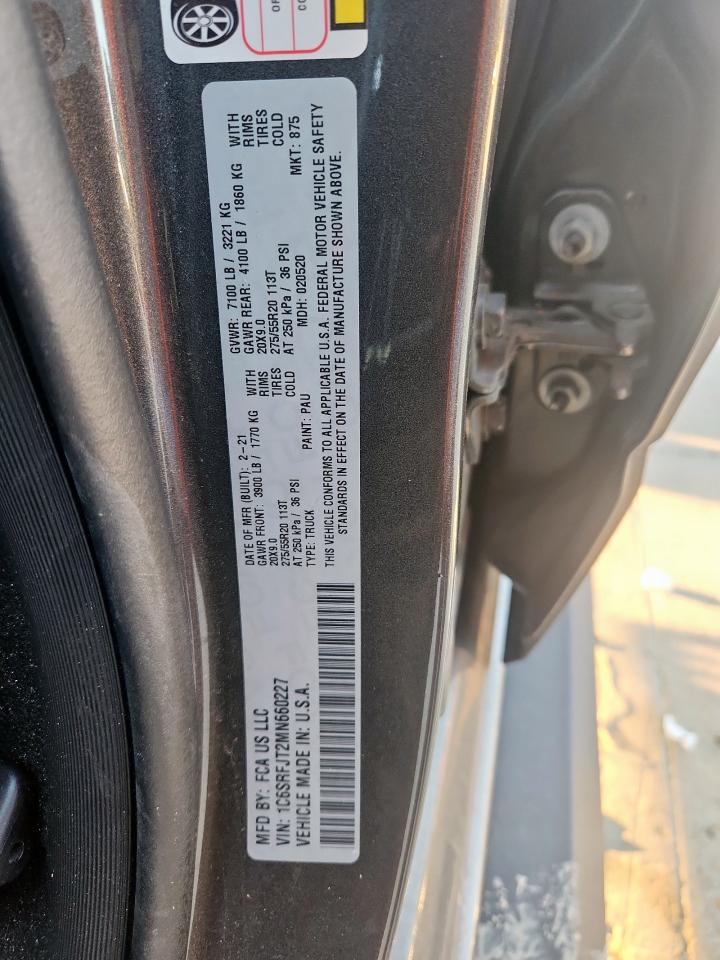 2021 Ram 1500 Laramie VIN: 1C6SRFJT2MN660227 Lot: 84960535