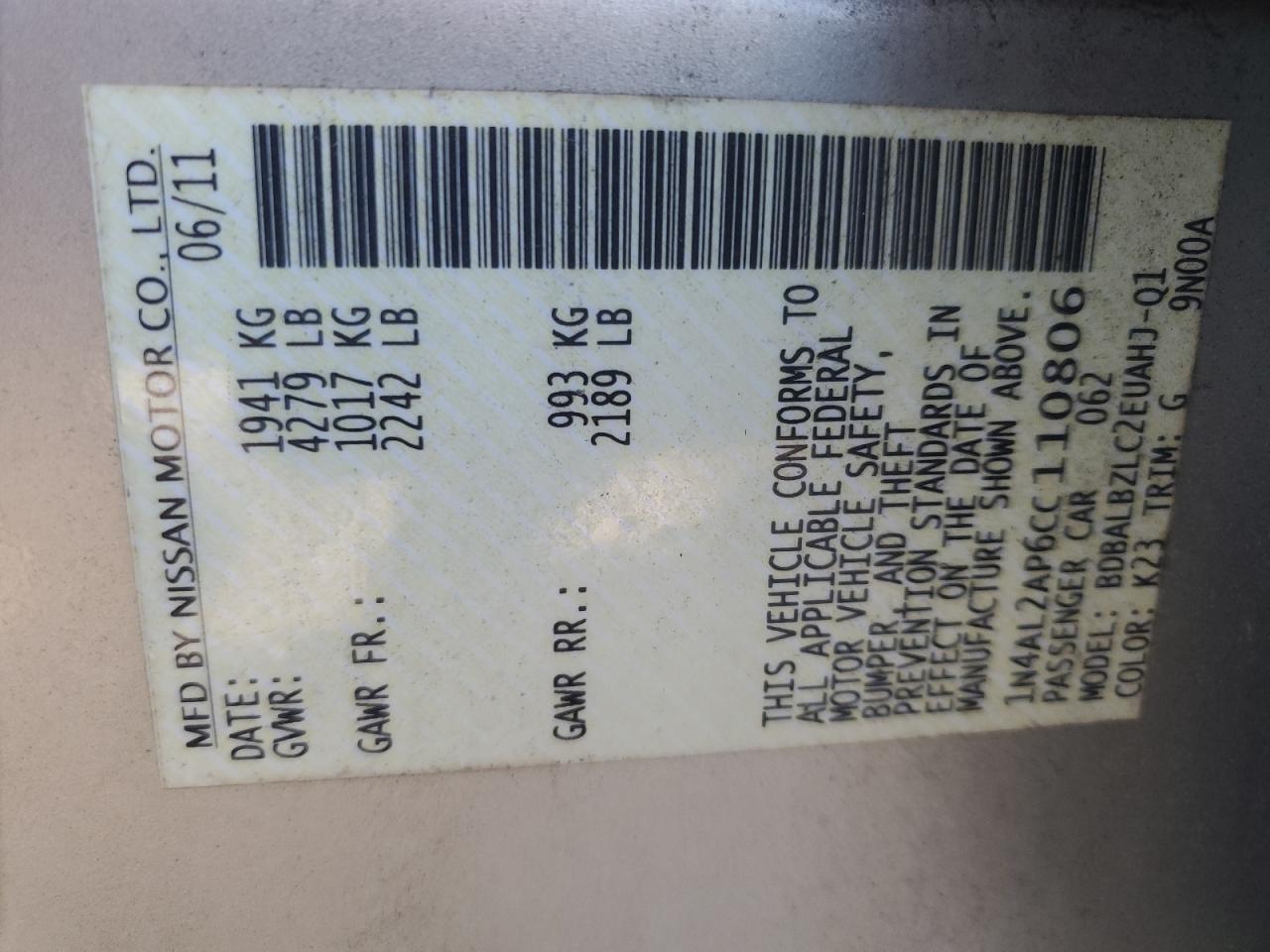 2012 Nissan Altima Base VIN: 1N4AL2AP6CC110806 Lot: 85738395