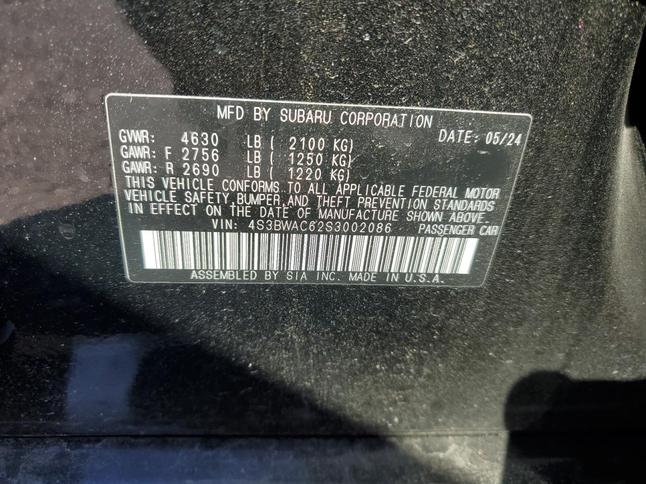 2025 Subaru Legacy Premium VIN: 4S3BWAC62S3002086 Lot: 86096835