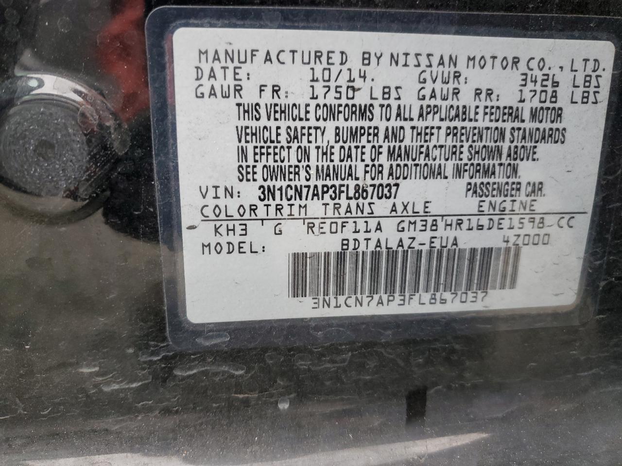 2015 Nissan Versa S VIN: 3N1CN7AP3FL867037 Lot: 86115415