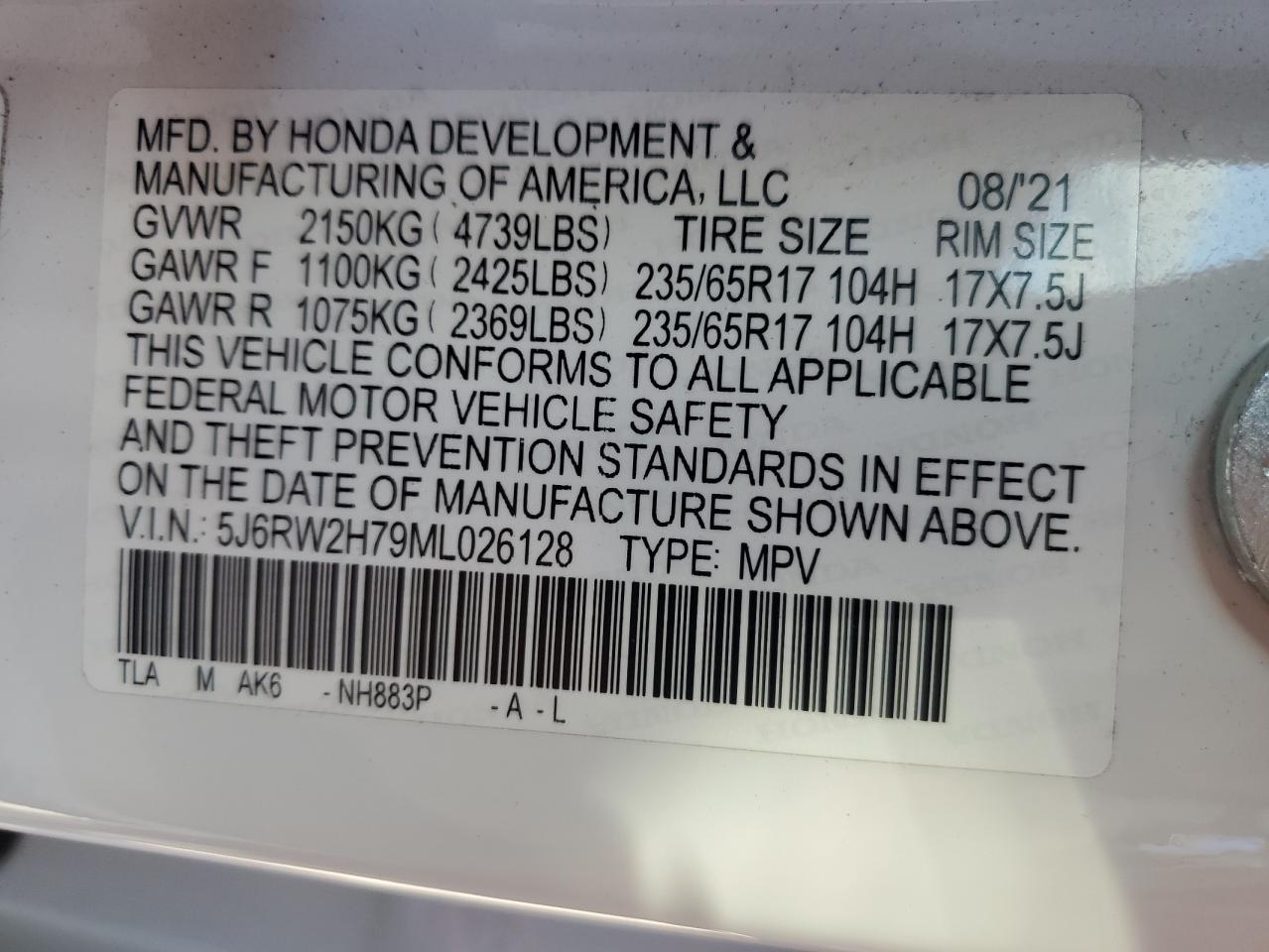 2021 Honda Cr-V Se VIN: 5J6RW2H79ML026128 Lot: 84393405