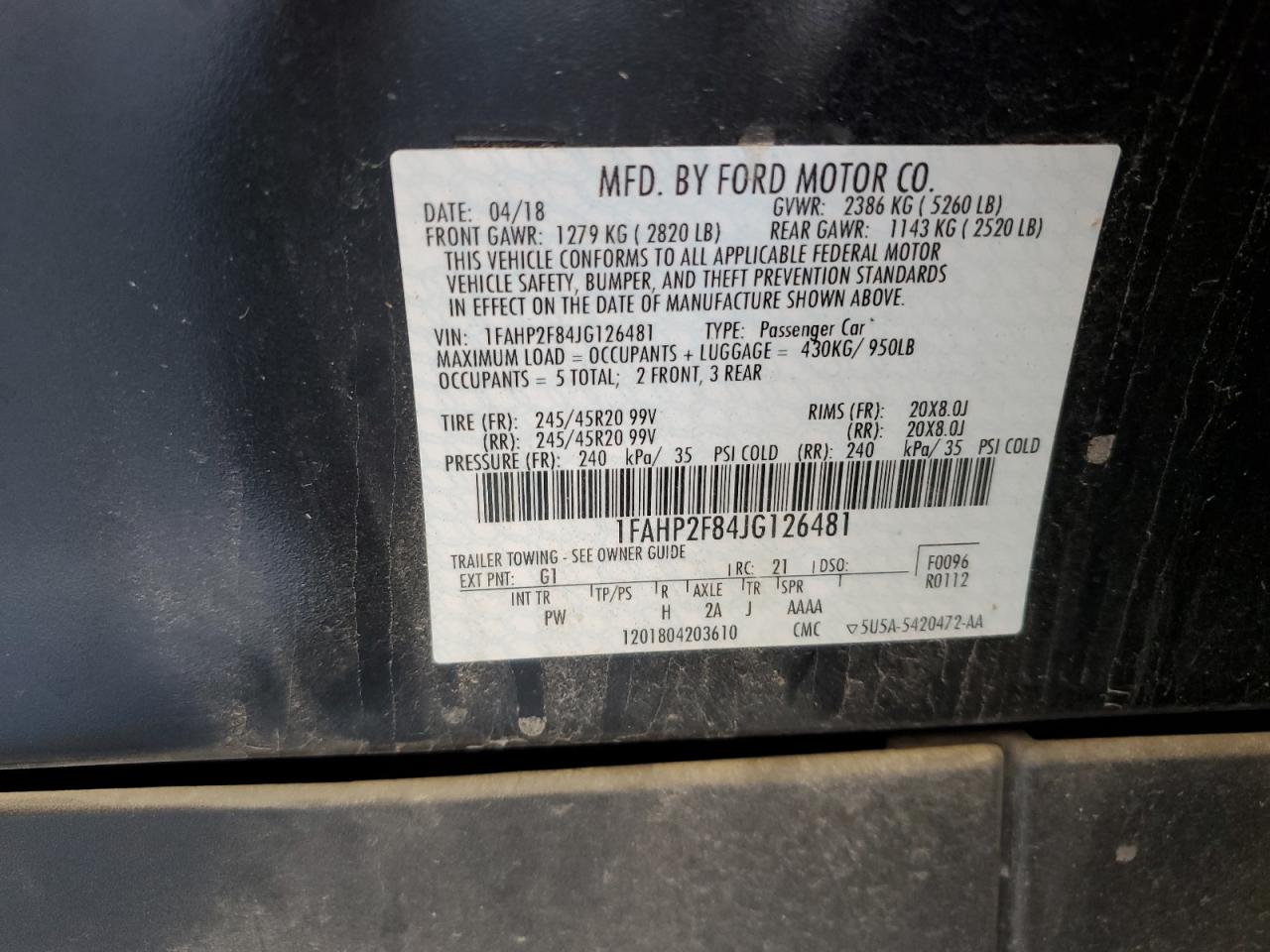 2018 Ford Taurus Limited VIN: 1FAHP2F84JG126481 Lot: 82358505
