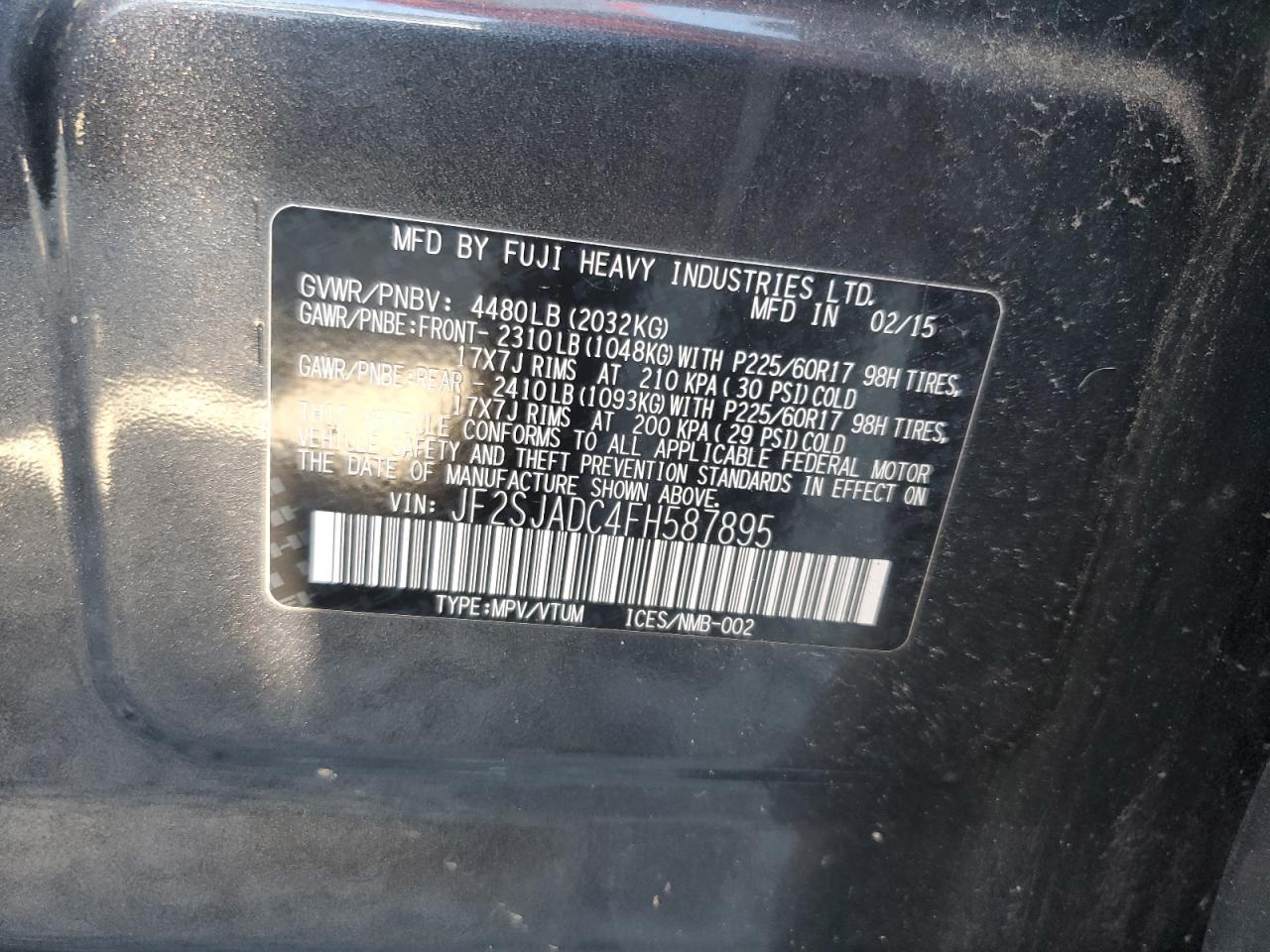 2015 Subaru Forester 2.5I Premium VIN: JF2SJADC4FH587895 Lot: 85311285