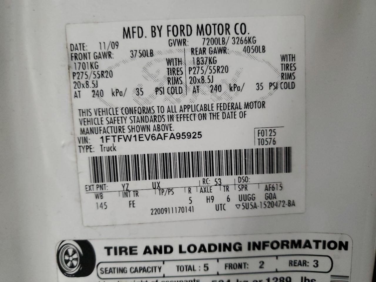 2010 Ford F150 Supercrew VIN: 1FTFW1EV6AFA95925 Lot: 81987995