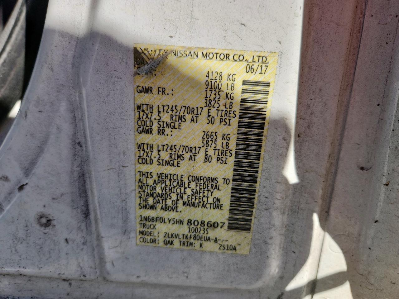 2017 Nissan Nv 2500 S Delivery Van VIN: 1N6BF0LY5HN808607 Lot: 90454865