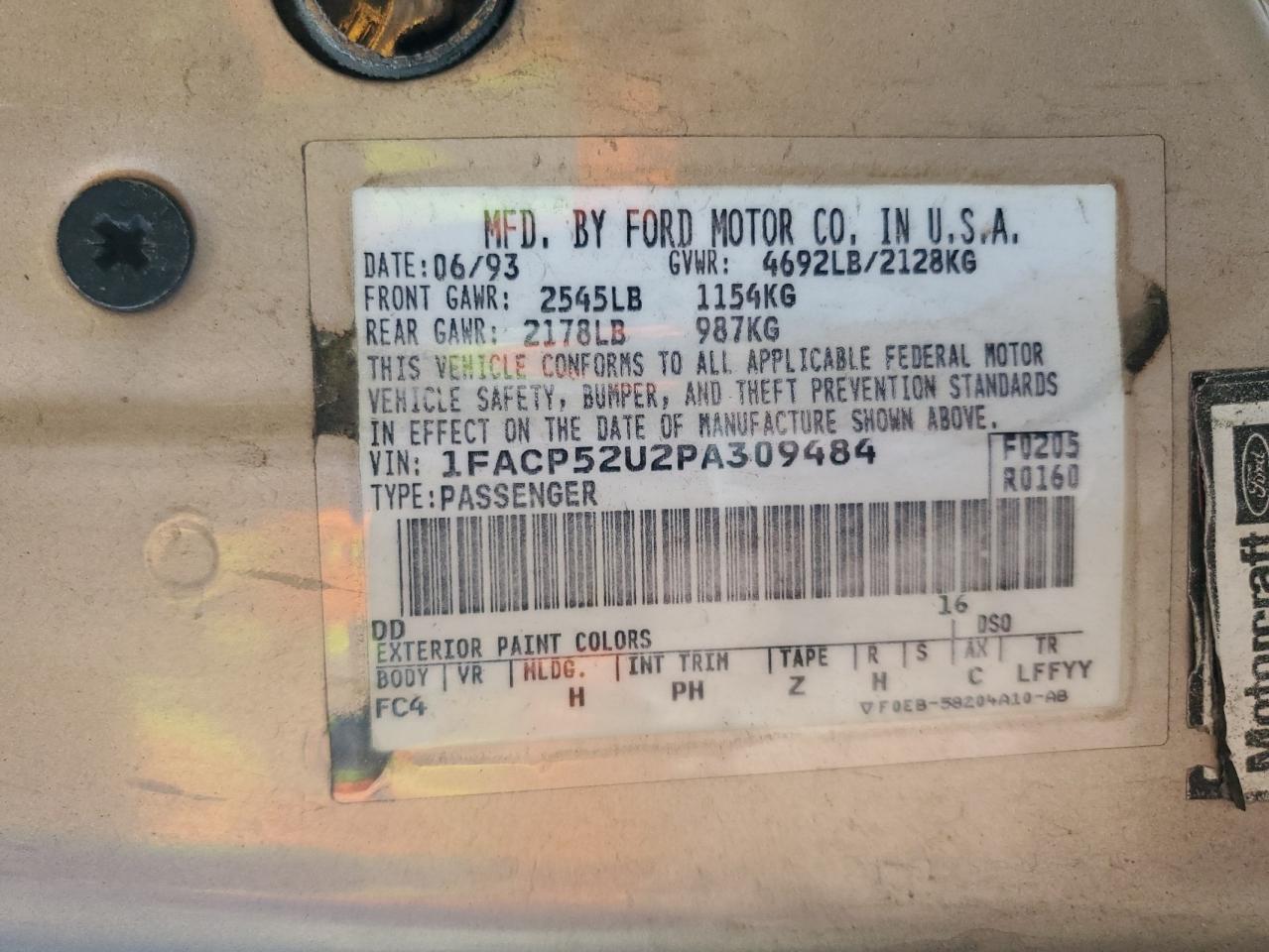 1993 Ford Taurus Gl VIN: 1FACP52U2PA309484 Lot: 89881495