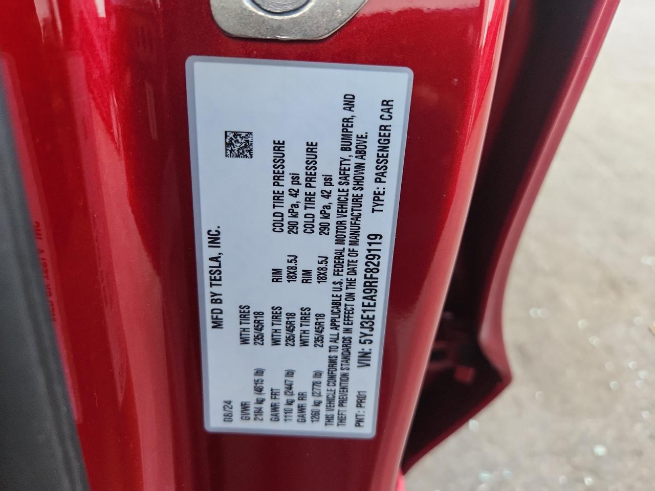 2024 Tesla Model 3 VIN: 5YJ3E1EA9RF829119 Lot: 81865355