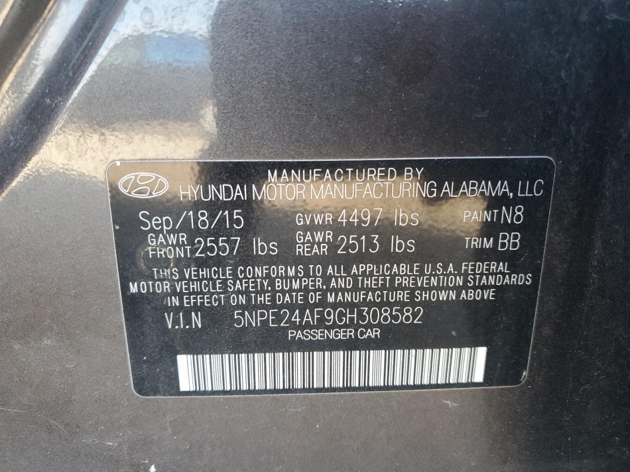 2016 Hyundai Sonata Se VIN: 5NPE24AF9GH308582 Lot: 86548645