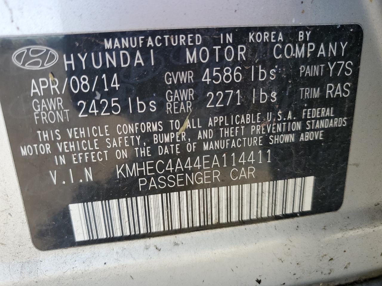 2014 Hyundai Sonata Hybrid VIN: KMHEC4A44EA114411 Lot: 87410955