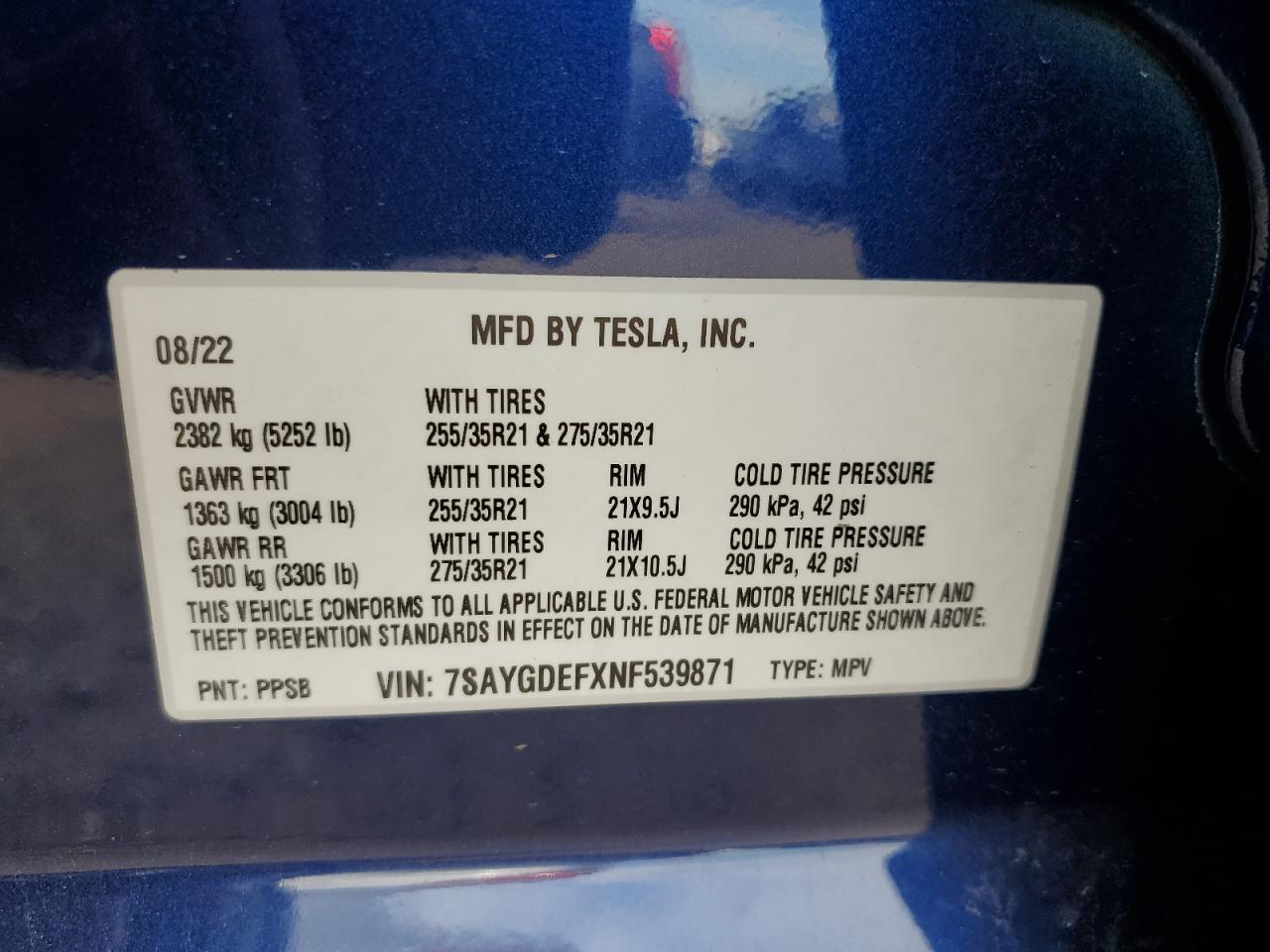 2022 Tesla Model Y VIN: 7SAYGDEFXNF539871 Lot: 90124115