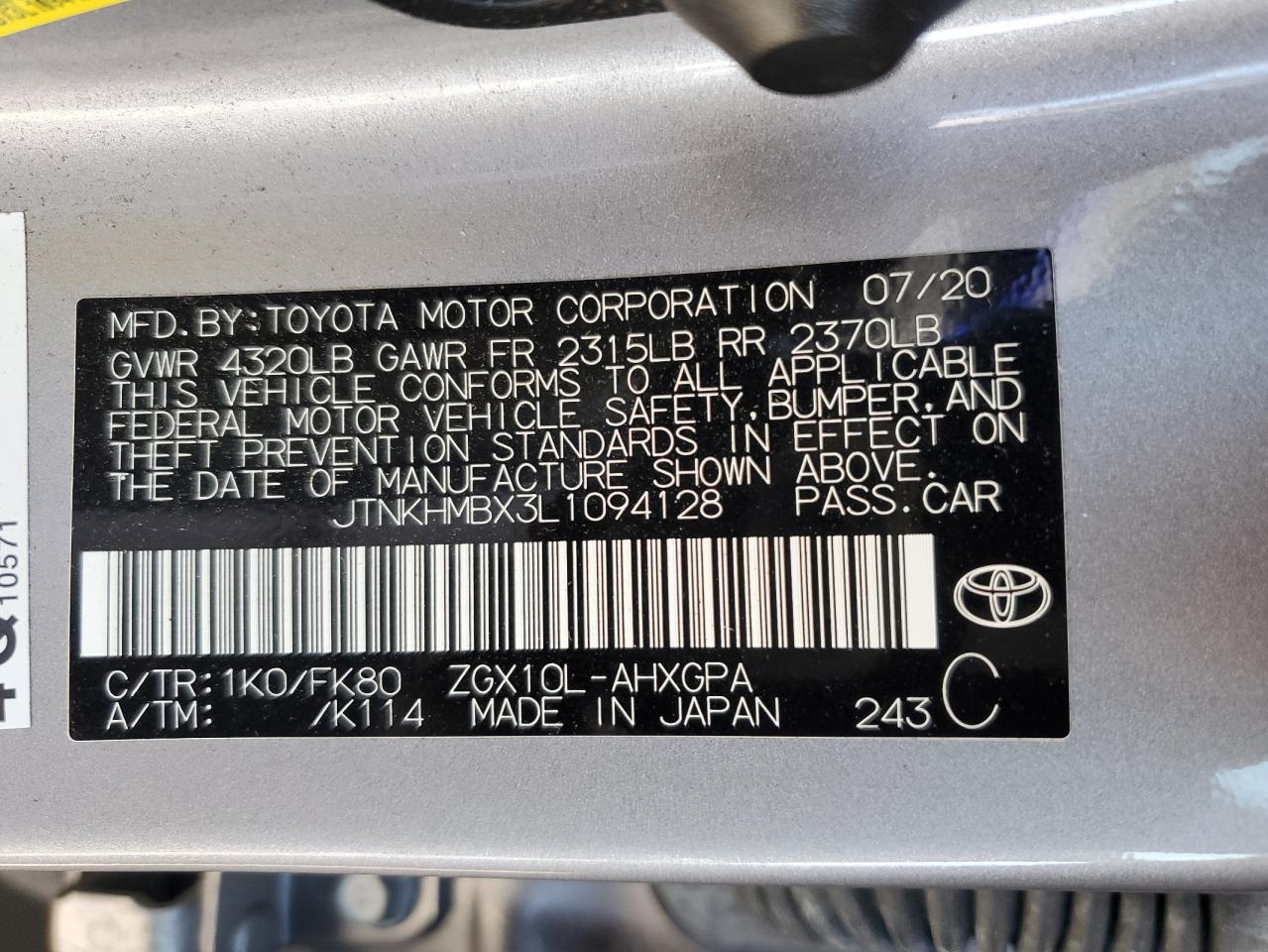 2020 Toyota C-Hr Xle VIN: JTNKHMBX3L1094128 Lot: 85372945