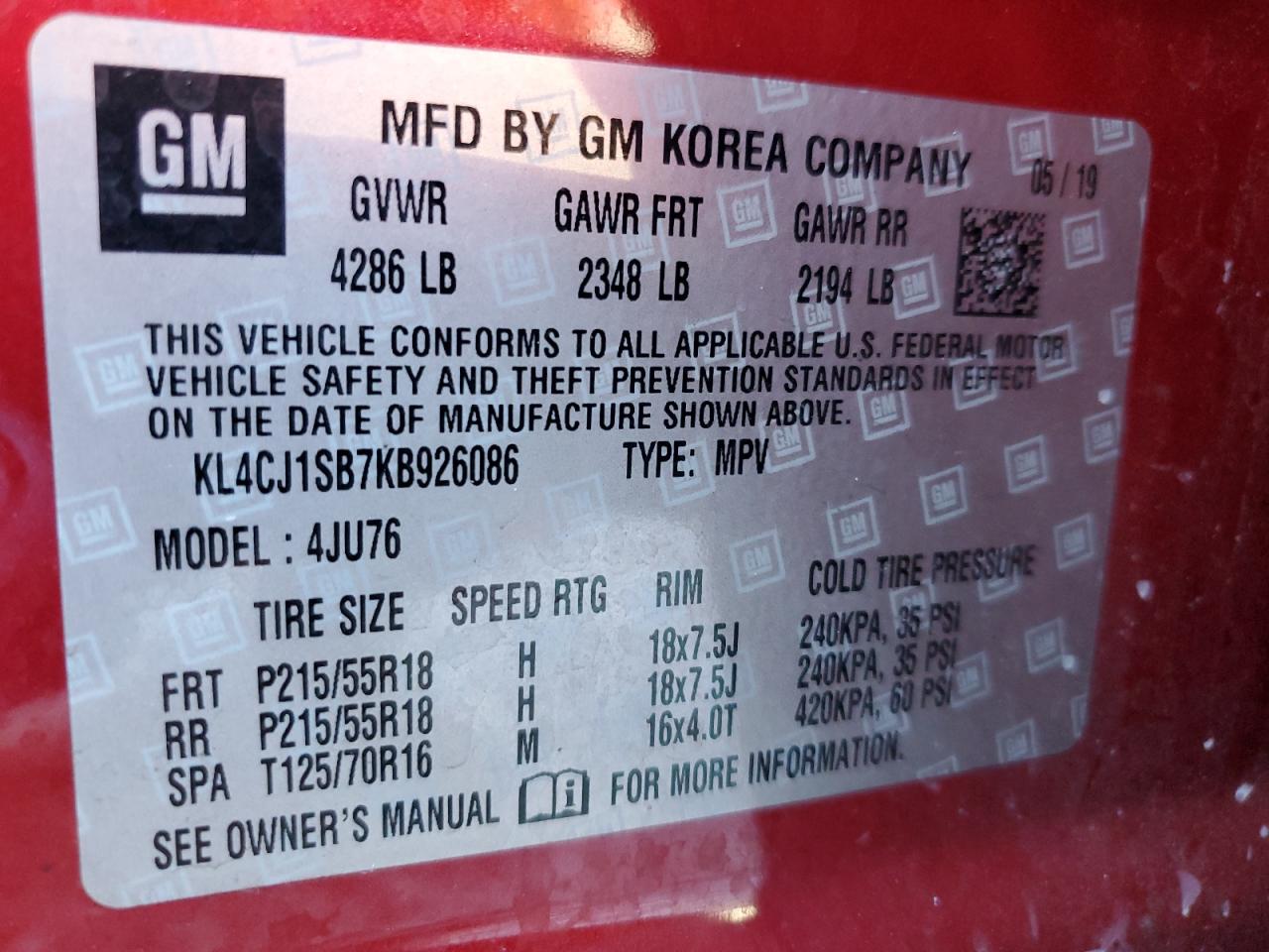 2019 Buick Encore Sport Touring VIN: KL4CJ1SB7KB926086 Lot: 82619095