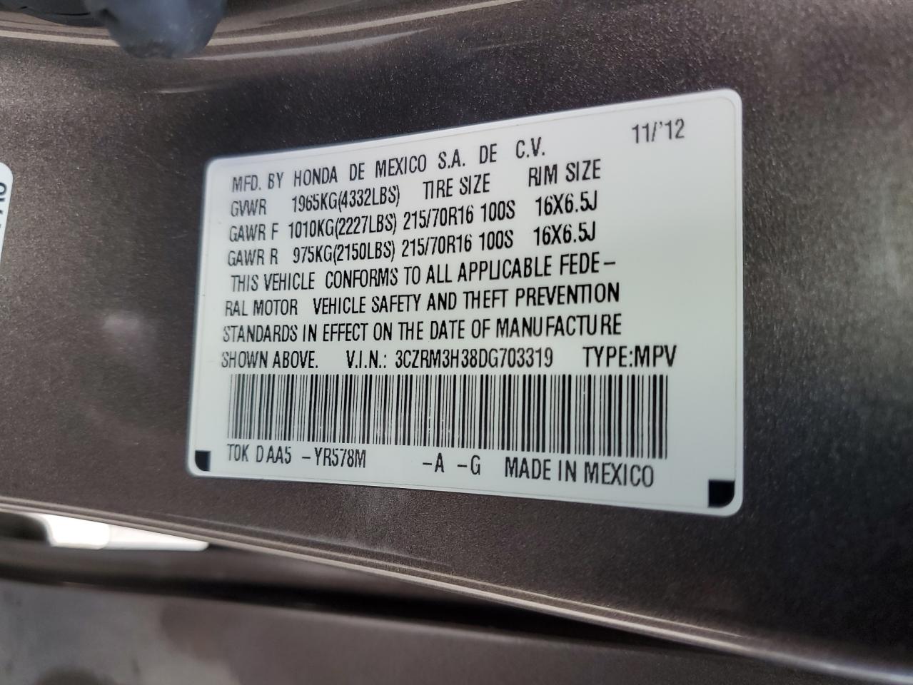 2013 Honda Cr-V Lx VIN: 3CZRM3H38DG703319 Lot: 84903145