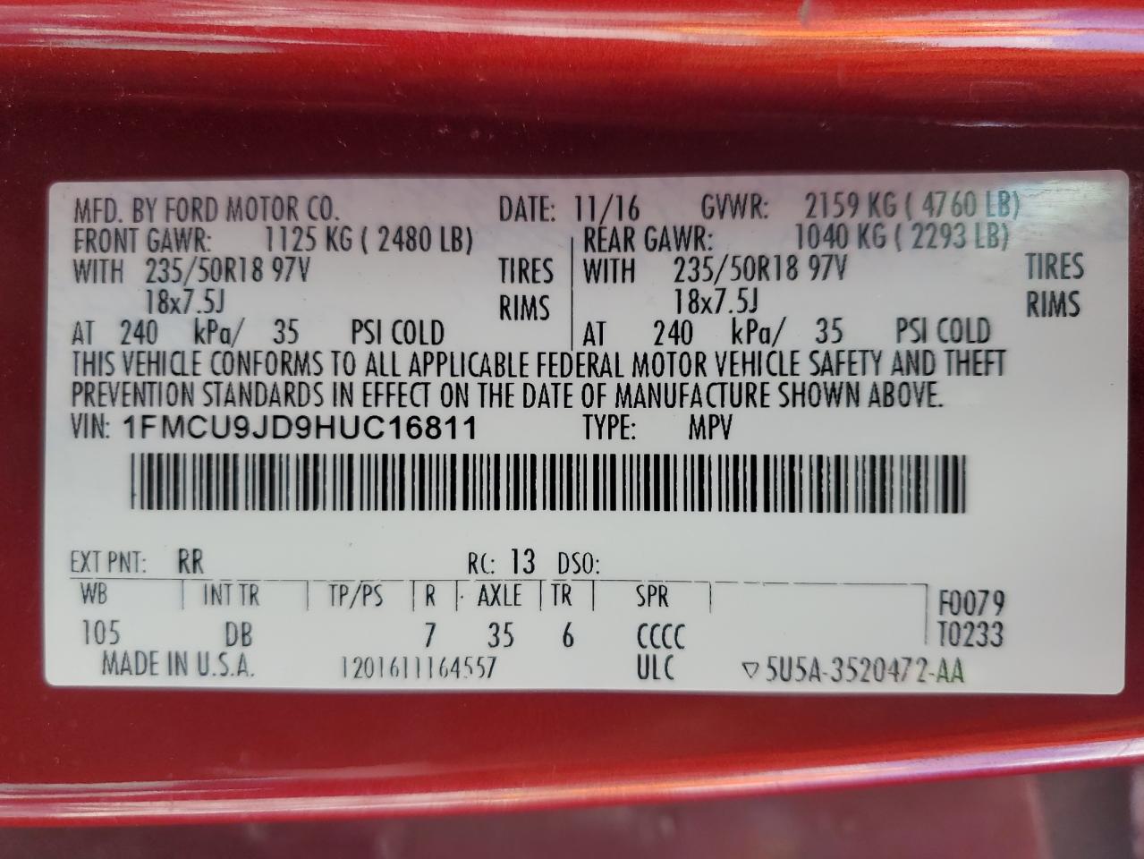 2017 Ford Escape Titanium VIN: 1FMCU9JD9HUC16811 Lot: 85134355