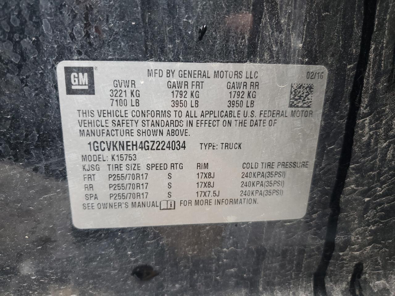 2016 Chevrolet Silverado K1500 VIN: 1GCVKNEH4GZ224034 Lot: 85572005