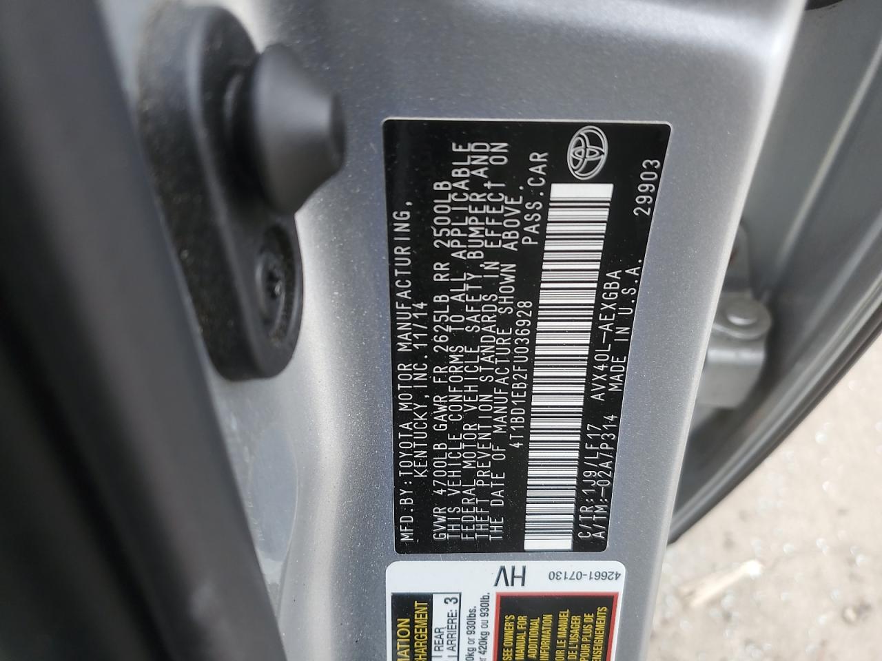 2015 Toyota Avalon Hybrid VIN: 4T1BD1EB2FU036928 Lot: 82334385