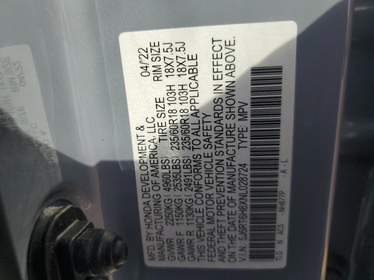 2022 Honda Cr-V Exl VIN: 5J6RT6H8XNL028724 Lot: 84964585