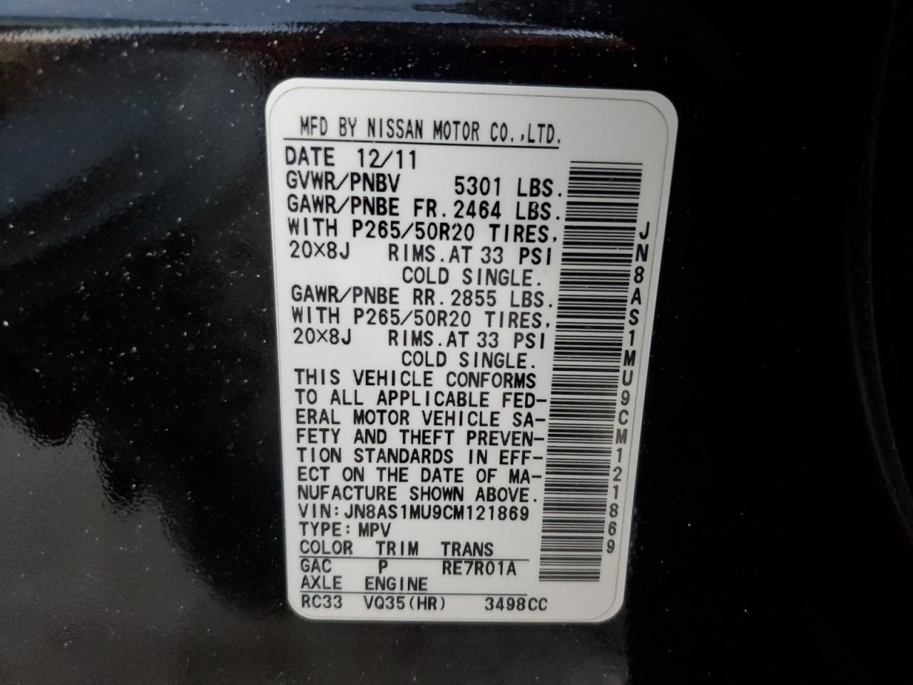 2012 Infiniti Fx35 VIN: JN8AS1MU9CM121869 Lot: 82588615