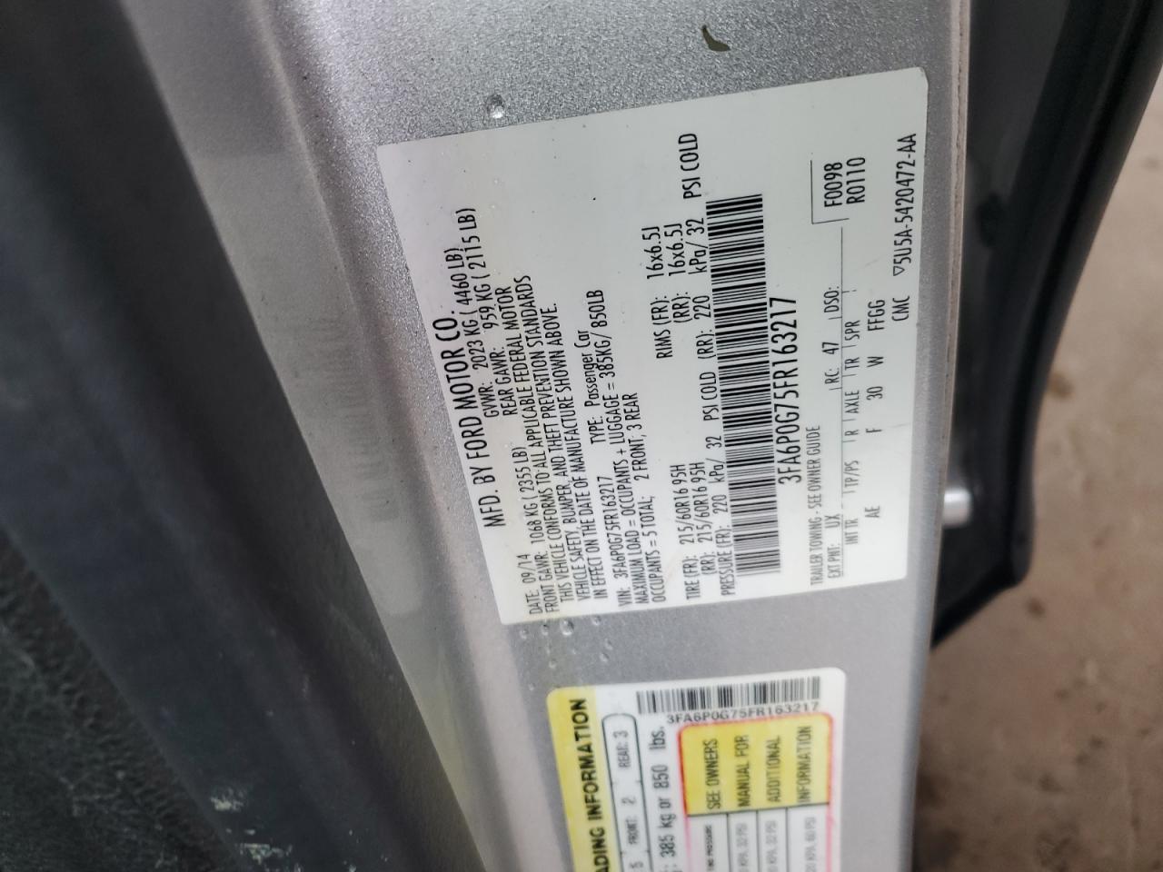 2015 Ford Fusion S VIN: 3FA6P0G75FR163217 Lot: 89635325