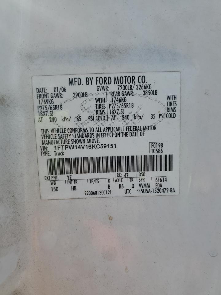 2006 Ford F150 Supercrew VIN: 1FTPW14V16KC59151 Lot: 85891525