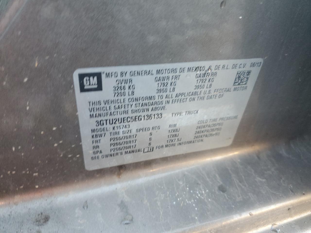 2014 GMC Sierra K1500 Sle VIN: 3GTU2UEC5EG136133 Lot: 90501285