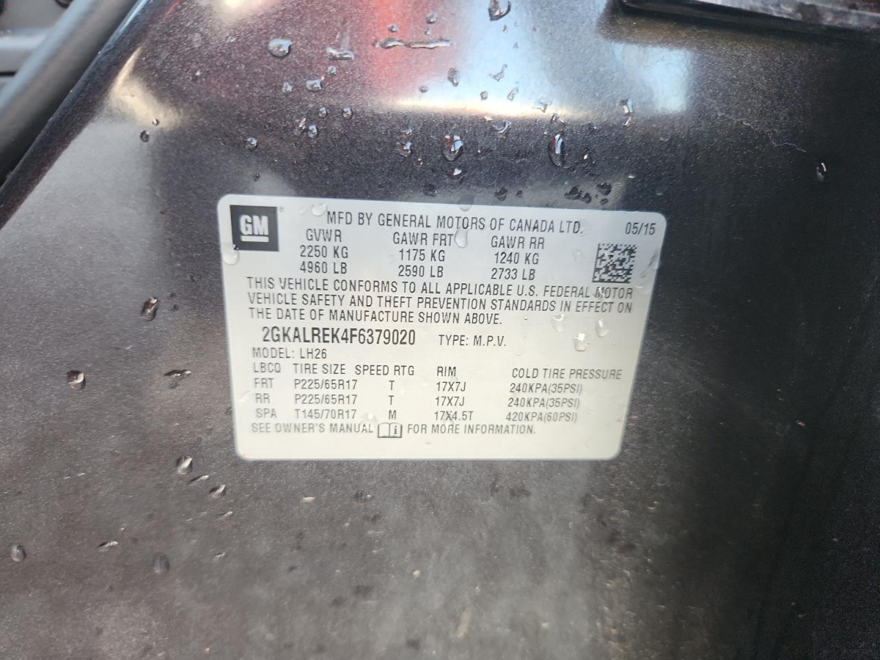 2015 GMC Terrain Sle VIN: 2GKALREK4F6379020 Lot: 90024055