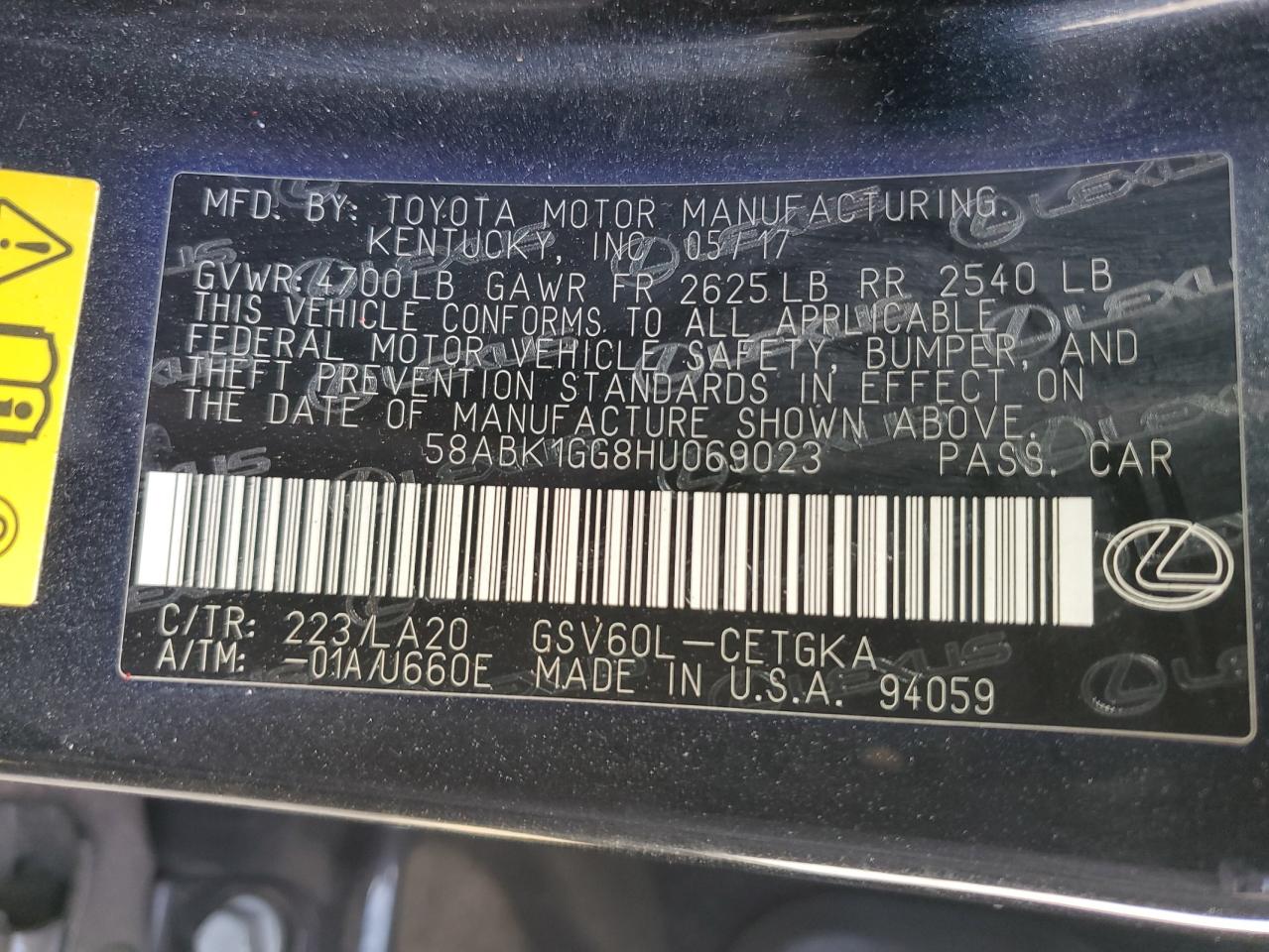 2017 Lexus Es 350 VIN: 58ABK1GG8HU069023 Lot: 85944795