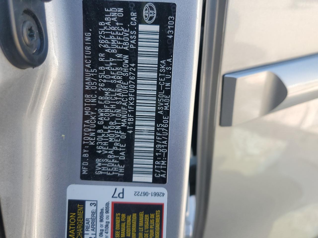 2015 Toyota Camry Le VIN: 4T1BF1FK9FU076724 Lot: 84783755